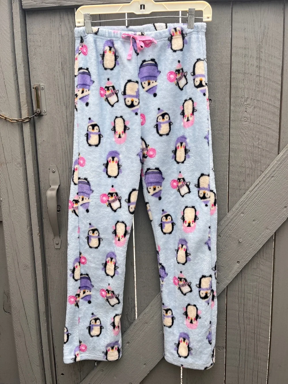 Cozy Penguin Fleece Pajama Lounge Pants Light Blue Purple Accents Size Medium